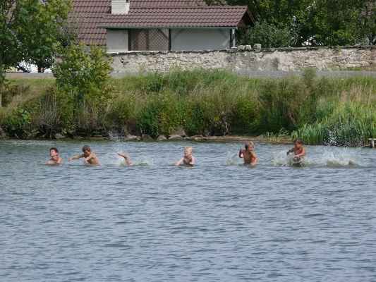 Koupání - Ve  vedru jsme museli vzít zavděk rybníkem Labuťák: závody v plavání